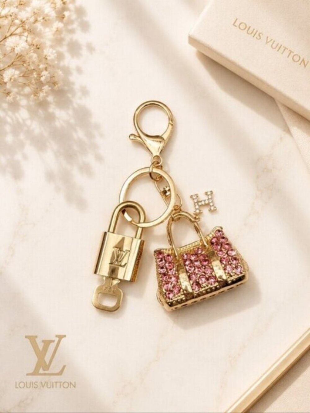 LV Authentic Gold Lock & Key 🔑 Luxury Bag Charm w/ Unbranded Bag Keychain